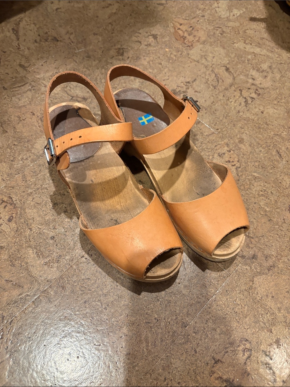Swedish Hasbeens Tan Leather Open-Toe Wedge Sandals
